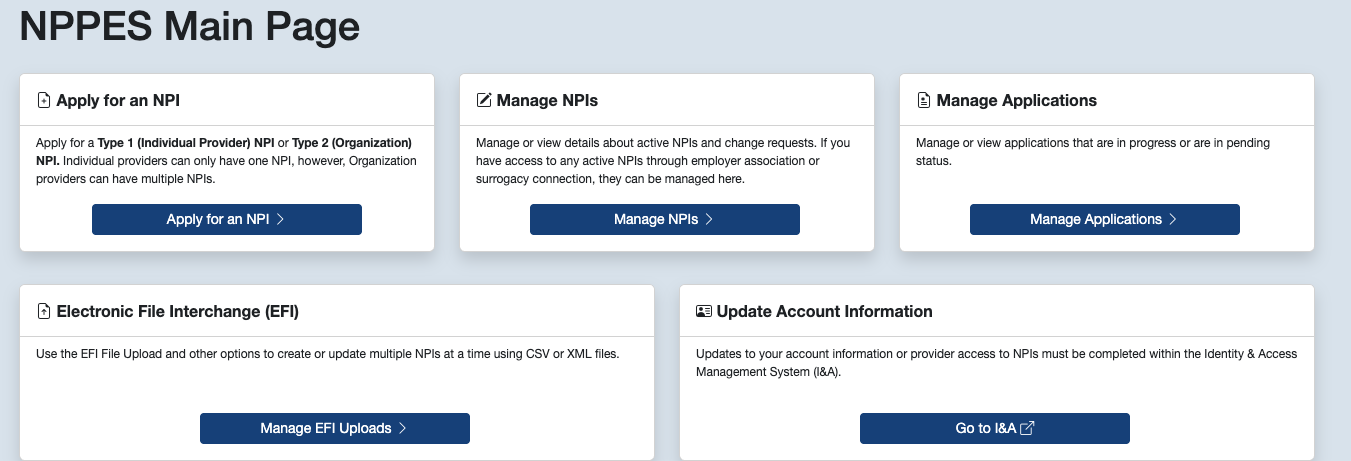 NPPES main page — select Manage NPIs